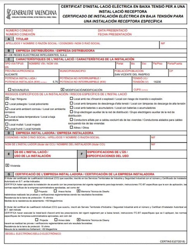 CERTIFICADO DE INSTALACIÓN ELÉCTRICA BAJA TENSION (CIE)